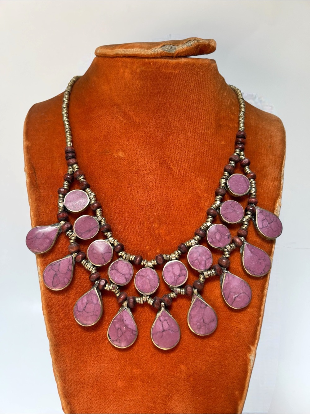 Vintage Pink Stone Wood Bead Necklace